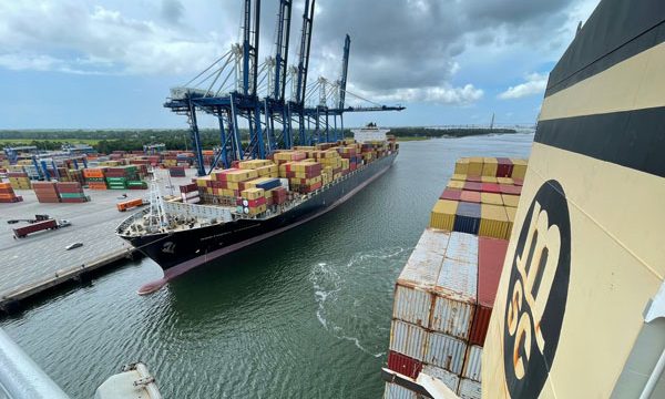 Container ship docking at terminal in the Port of Charleston